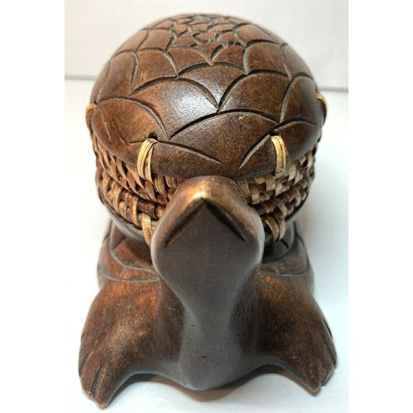 Lombok Indonesia Wood Turtle Trinket Box with Woven Wicker Rattan - Picture 2 of 12